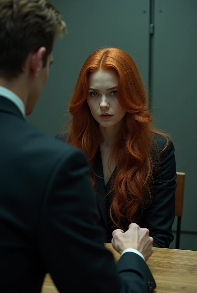 Girl with long red hair, sits in the interrogation room. In front of her is a man in formal clothes.. 