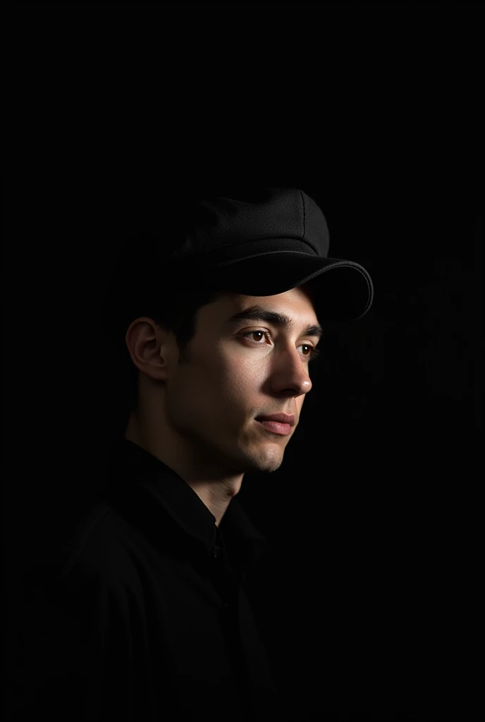 A YOUNG ENGLISH MEN WITH BLACK CAP SIDE VIEW IMAGE FULL BLACK BACKGROUND 