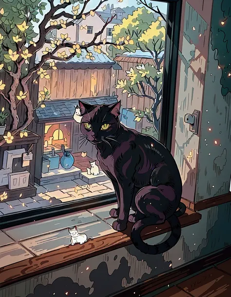 (best quality:0.8), there is a cat sitting on a window sill looking out, looking at the camera, cat on a windowsill, sitting on a window sill, near a window window, nice afternoon lighting, looking off into the distance, wooden fence outside, there are no ...