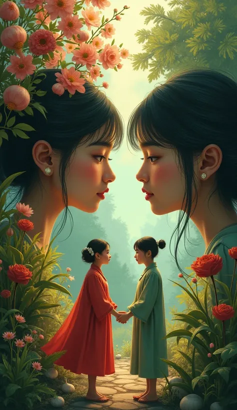 The story of garlic and shallots, The story of Bawang Putih, a kind girl who is always bullied by her stepsister Bawang Merah, Indonesian folklore, cinematic look, Movie poster concept