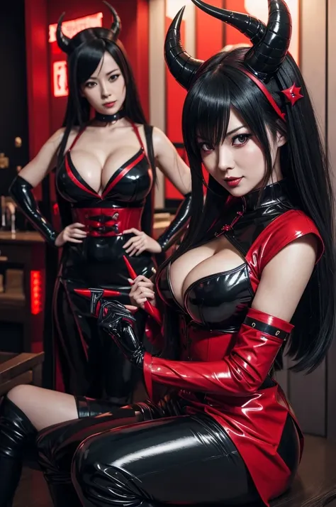 a woman in a red and black outfit with horns on her head, Japanese goddess, Seductive anime girl, cosplay chica anime, cosplay, Very sexy devil costume, cyberpunk oppai, wearing a latex outfit of atsuko kudo, black and red, Yoko Matsugane as Mai Shiranui, ...