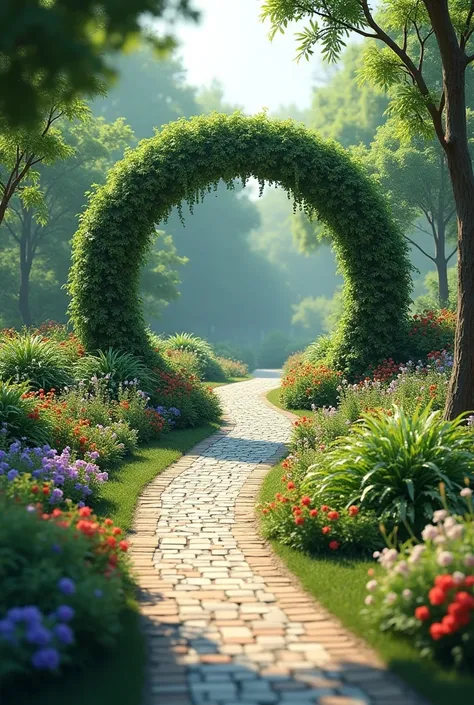 Provide me picture of a circular garden with common one side exit entry in a straight line 
