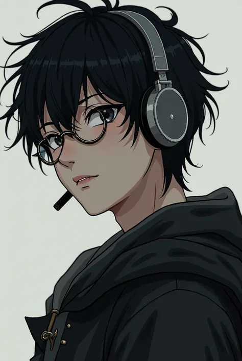 Male character wearing headphone and glasses. black hair from jujutsu kaisan  look skinny and black eye character is from india 