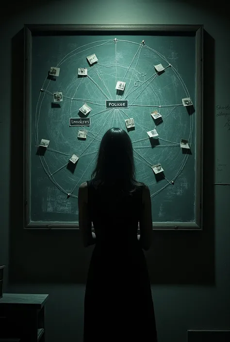 A woman with her back turned looking at a black board full of many pieces of evidence about a case that are connected to each other with thumbtacks and black threads, The image should be in a dark color range and without lighting so that it looks like a po...