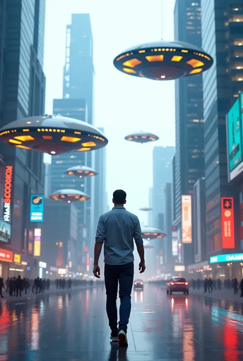 A man walking into a city modern with flying cars 