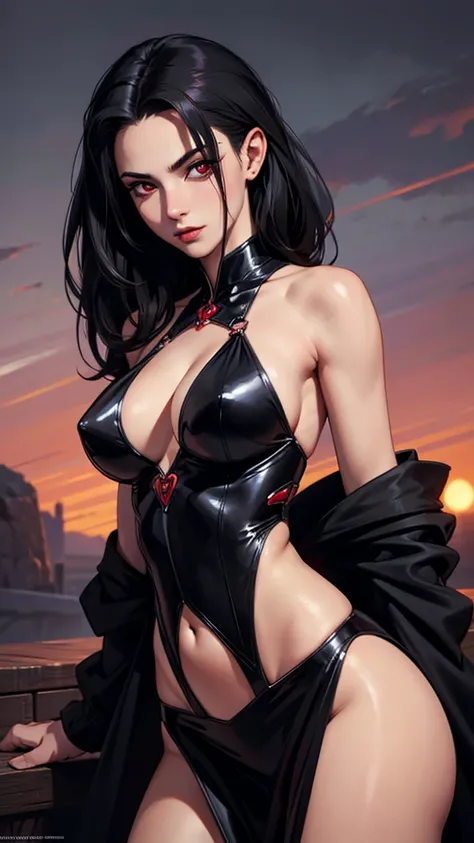 Looking at the camera、High resolution, Wide-angle shot, Ultra high definition, Overlooking, woman、Vampire、Red eyes、Black Hair、Large Breasts、Perfect Style、Heaven at night、masterpiece, Textured skin, Character portrait, 