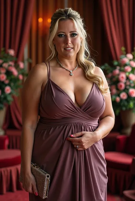 MILF, 50 years old, very curvy figure, sturdily built body, extremely busty woman, massive bulging cleavage, long blonde hair with faint brown undertones tied back in a low loose ponytail, Elegant in a flowing mauve gown, accessorized with delicate jewelry...