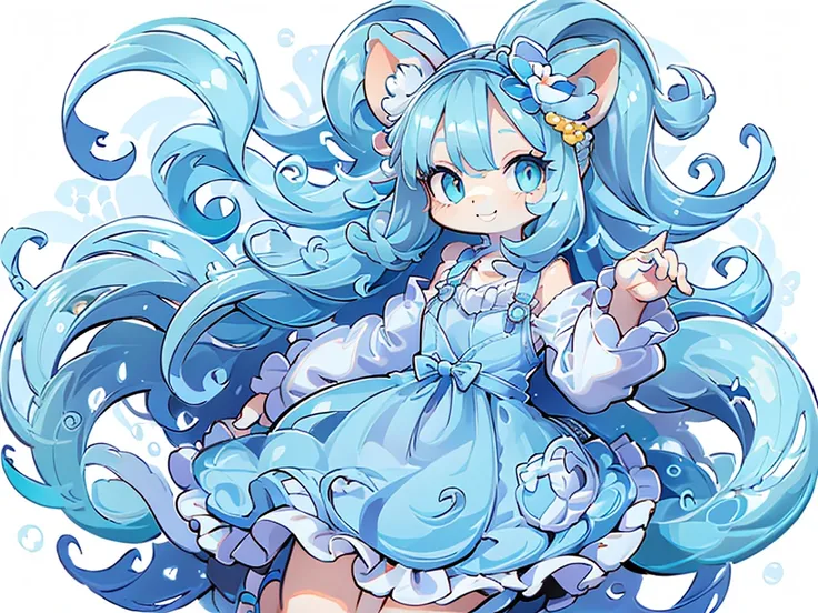 Her body is small and round、Soft shades of blue and turquoise are used.。The whole body is floating in the air。The background is blue space。The overall shape is like a fluffy wave.、Bubble-like accents can be seen throughout。Big round eyes、In clear blue、Her ...