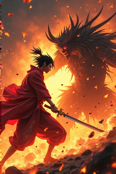 Rengoku kyojuru fighting akaza with a fiery background 