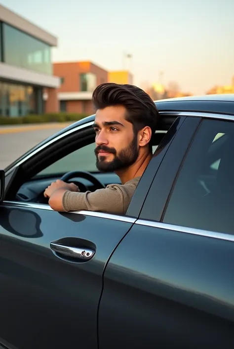 The picture shows a 20-year-old Spaniard with brown hair and a well-groomed three-day beard, as he sits relaxed in his Mercedes C 63 AMG. The entire car is fully visible – from the sporty rims to the elegant body. The window on the driver&#39;s side is rol...