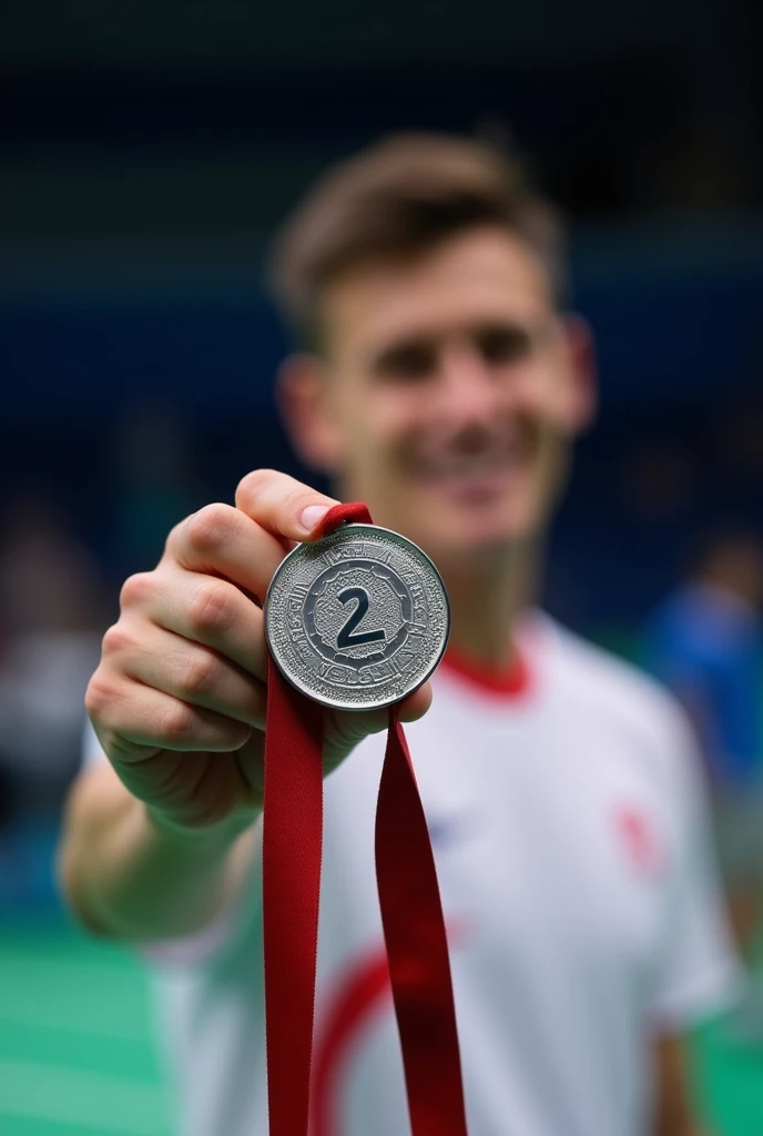 Silver medal in hand 2020 for 25 badminton second place man return background hand
