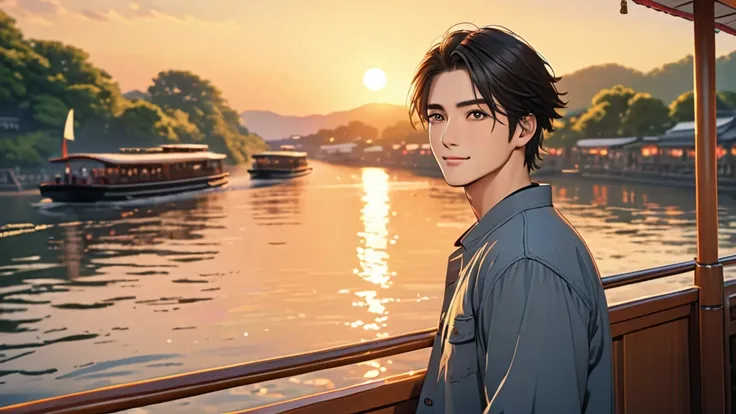 Japanese,23-29, Handsome,  fair skin, black eyes（thin eyes 1：3), (Super detailed, best quality, 4K, 8k, High resolution, masterpiece:1.3) On river cruise，sail，All men，happy, Casual clothes，sunset