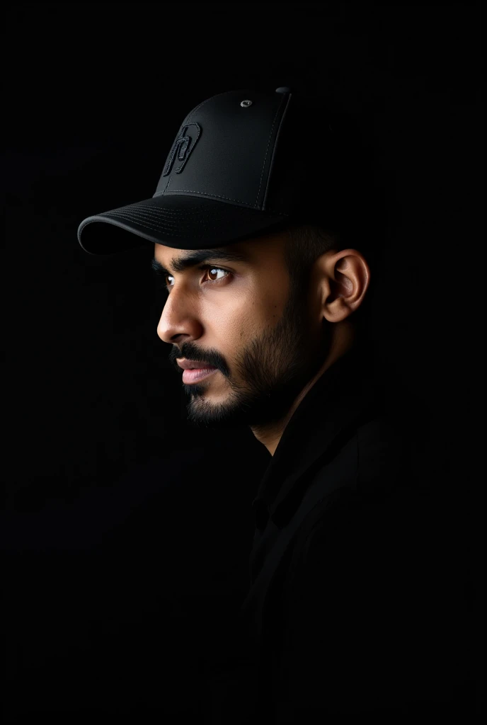 A YOUNG INDIAN MEN WITH BLACK CAP SIDE VIEW IMAGE FULL BLACK BACKGROUND 