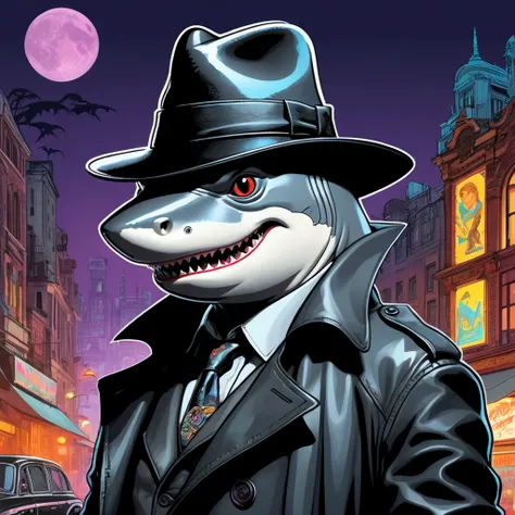 Closeup, An extremely badass anthropomorphic shark wearing an insanely cool black leather detective trench coat, black fedora open, t-shirt design, vector illustration, Ed Hardy meets Alfons Mucha, Simon Bisley, Yoji Shinkawa, Louis Jover, and Andy Warhol ...