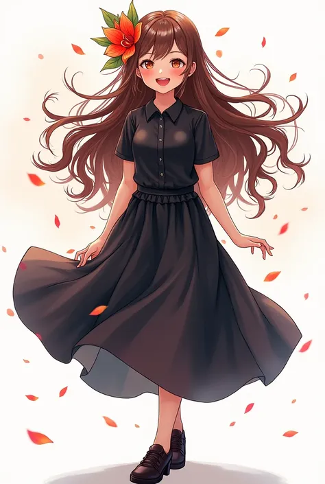 Girl with brown long hair, happy smile with red juicy lips, flower on her head, black shirt,shoes and skirt waving (not ai made)