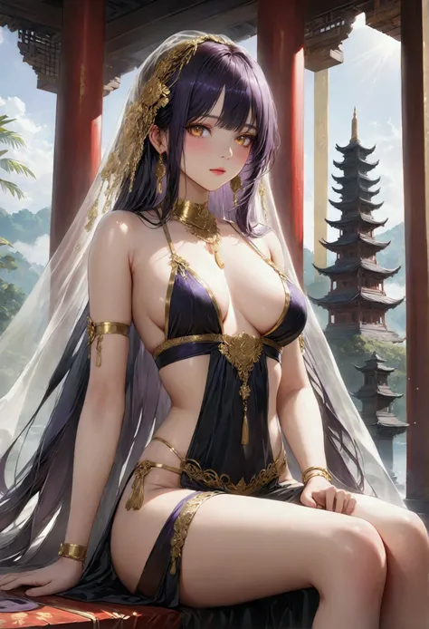 Long smooth straight black hair, inner colored dark-purple hair, golden eyes,sitting in skimpy Malaysian clothes, masterpiece, super detail, best quality, 8k,realistic