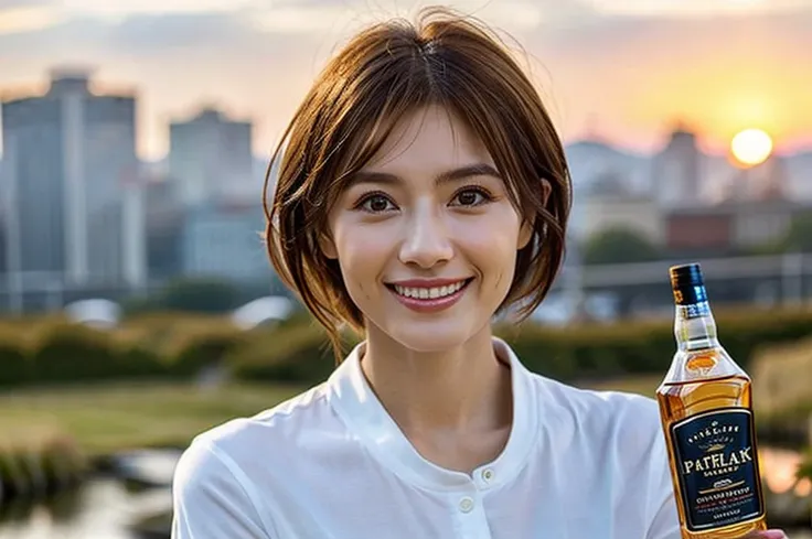 (Realistic, 超Realistic:1.4), 16K HDR, High resolution,Brown short hair,The best smile、Model Couple、Short sleeve dress,((Whiskey Glass)),((Whiskey Bottle))、whiskey、((Single Malt)),((scotch)),The Macallan、Johnnie Walker、Old Parr、Shot Glasses、Whisky on the Ro...