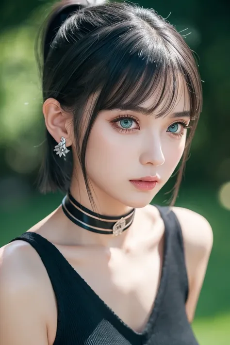 Silver Hair、Green Eyes、ponytail、sideboob、knit、Hot pants、Hairstyle: short black hair,
a girl,Alone,highly detailed beautiful face and eyes,looking at viewer、Black choker、4K,8k crescent earrings, Background blur, 