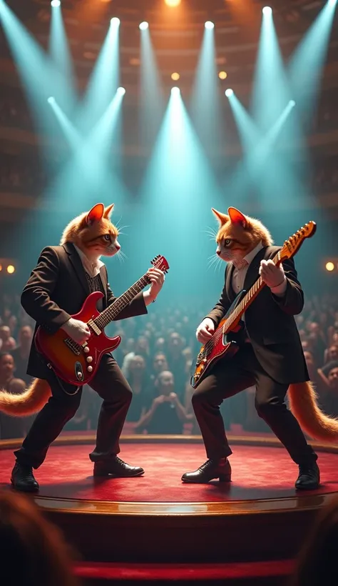 "A luxurious stage in a musical challenge mode between two, A human-shaped cat playing guitar on the stage, the lights flashing crosswise between them, and the audience reacting enthusiastically as if they were in a musical match between the two cats."