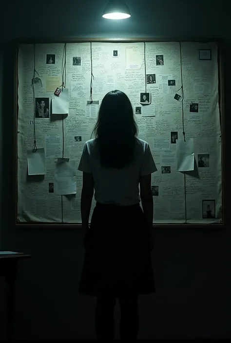 A woman with her back turned looking at a completely black board stained with chalk full of many disorganized pieces of evidence piled on top of each other that fill the entire board about a case that is connected to each other with thumbtacks and black th...