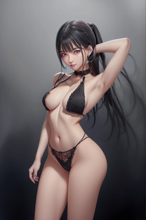 Silver Hair、Green Eyes、ponytail、sideboob、knit、Hot pants、Hairstyle: short black hair,
a girl,Alone,highly detailed beautiful face and eyes,looking at viewer、Black choker、4K,8k crescent earrings, Background blur, 