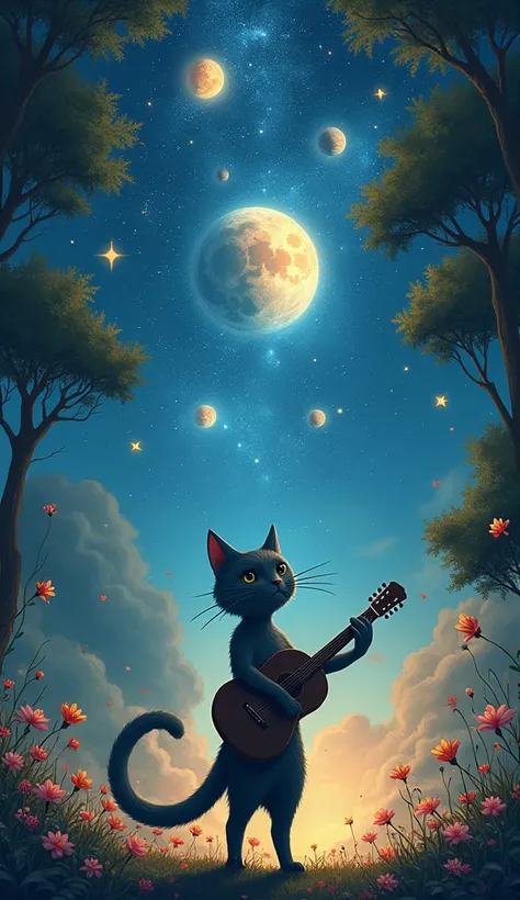 The stage ceiling opens up to the night sky, the stars and planets begin to move to the tunes of A human-shaped cat as she plays the guitar, the trees and flowers in the background flutter to the harmonious rhythms of the music, nature interacts as if it i...