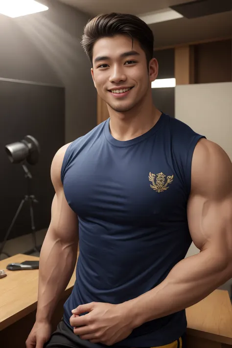 ((Highest quality, 8K, Masterpiece: 1.3))、Thailand Laos Burma Asia, Thai man, A handsome Asian rugby player with short hair, a muscular beard, and big muscles., １A man who has、 yo、Good appearance、Beautiful nose、smile、 Detailed eyes and face、beautiful light...