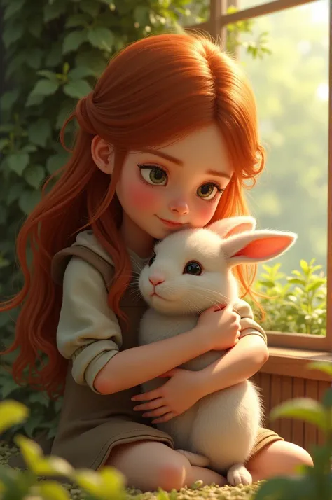 Image prompt: Izza hugging the rabbit, who is snuggled up close to her.