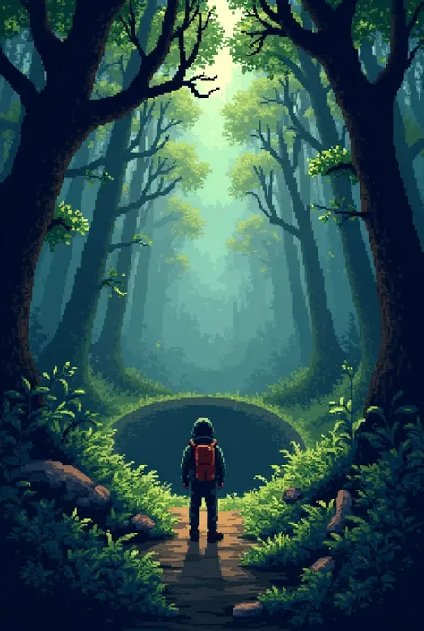 a pixelated retro first person view of the dense and mysterious forest and a ground opening
