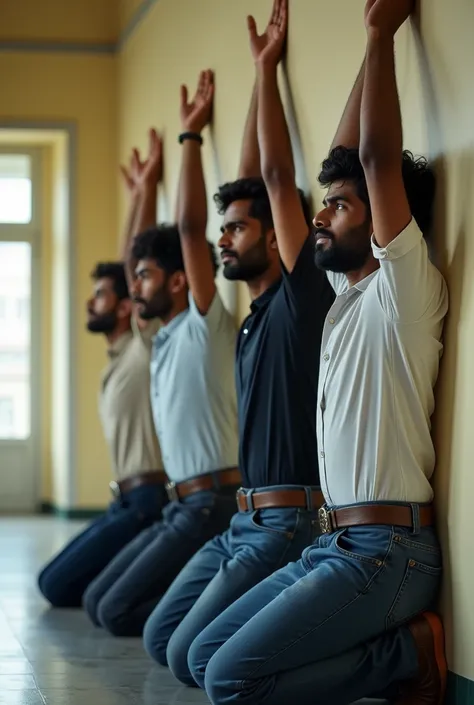  Side view of four handsome looking sri lankan males of  20 years of age wearing long sleeve light colored shirt or dark colored t shirt with collar dennim trousers and 
Cowboy buckle denim belt kneeling straight in a row inside private campass corridor le...