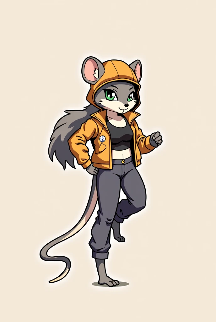  masterpiece, high quality, best definition, anthro furry mouse, in mechanic&#39;s suit,Fitted black sports bra,  body with gray fur and eyes with heterochromia, with a slim and tall female body, small but noticeable breasts,  