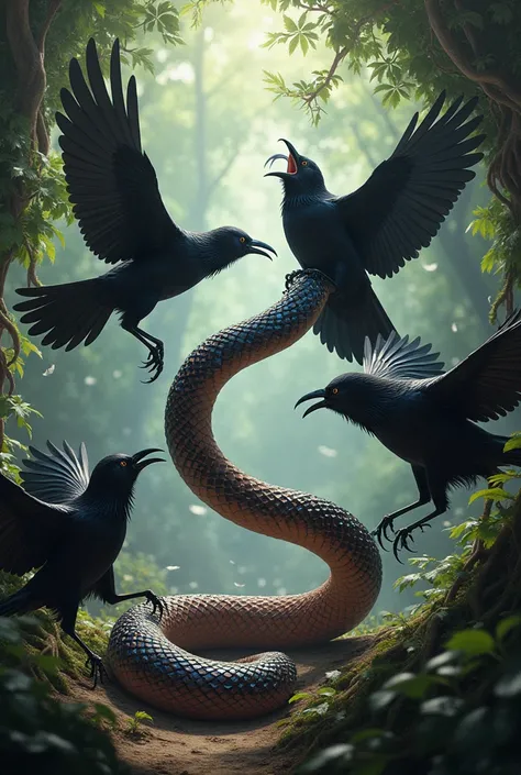 crows and snake fighting