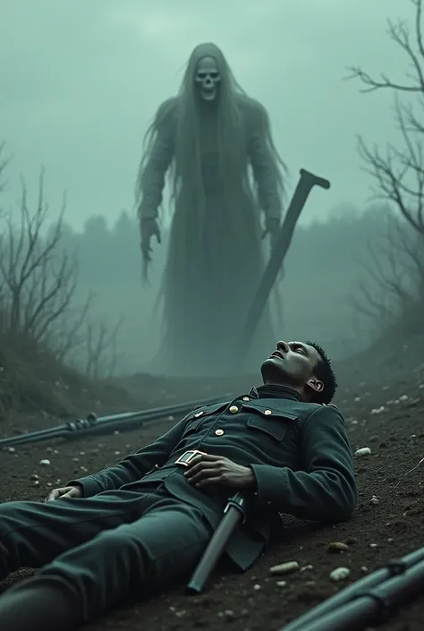 The image of a 19th century soldier lying dead and a terrifying ghost is stopped next to the dead soldier