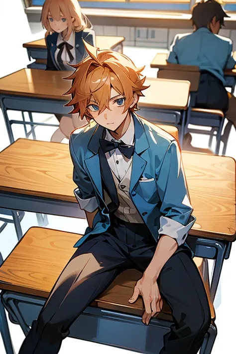 Handsome anime boy in a high school classroom sitting on a desk wearing his canvas collage uniform