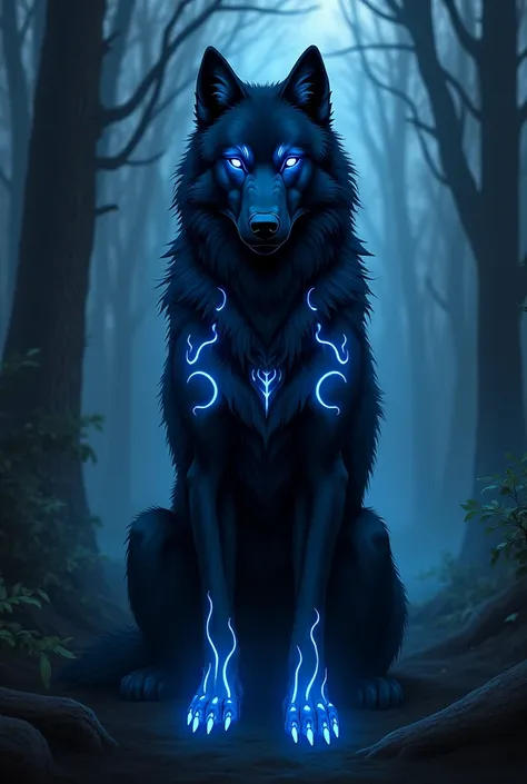 Anime black Neon glowing blue wolf sitting straight face towards me in the forest 