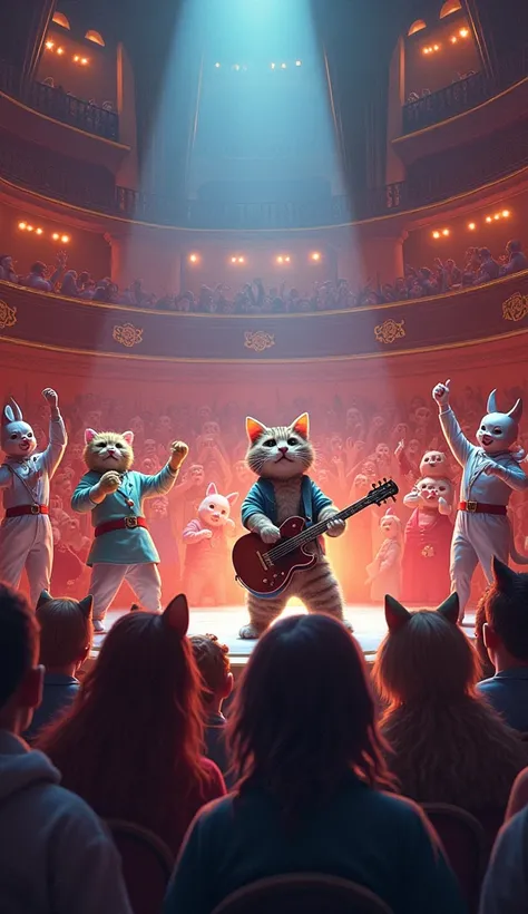 The concert audience, dressed in elaborate costumes and sitting in a huge auditorium, looks at the cat and, joining in with A human-shaped cats guitar playing by clapping in unison or singing in unison, the cat on stage cheering them on as they share the m...