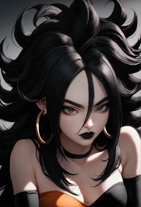 Android 21 from dragonball, black hair, long hair, curly hair, black eyes, hoop earrings, goth girl, black lipstick, black eyeshadows, black eyebrows, black stockings, no top,