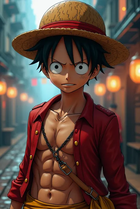 Make a realistic half body photo of Luffy on Onepiece anime wearing strawhat and achieve the goal of king of the pirates High Resolution, Optical Illusion, Cinematic Lighting, Ray Tracing, Reflection Light, Glowing Light, 