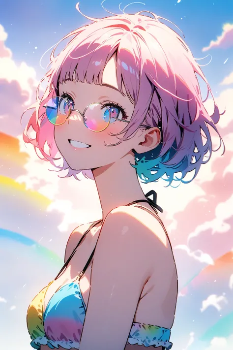 (best quality, 8k, highres,masterpiece:1.3), ultra-detailed, pastel colored background, watercolor style, woman, messy hair, Pixie Cut, very short hair, flat bangs, rainbow colored hair, rainbow colored eyes, (((Rainbow colored semi-rimless round mini eyew...