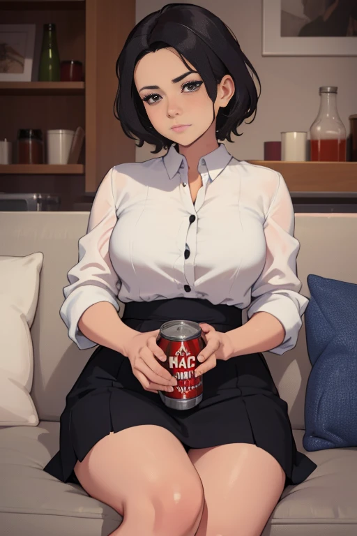 1girl, career woman in her 30s, short permed hair, navy skirt, tired expression, taking a canned beer from fridge, holding beer can in right hand, sitting on black sofa with legs spread 140 degrees, arms on sofa back, angry facial expression, (best quality...