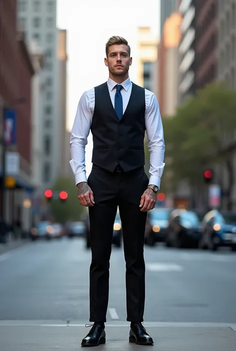 33m full body Tan skinned male with short blonde hair short on the sides with blue eyes and tattoos clean shaven wearing white dress shirt Blue tie black vest black dress pants black socks and black dress shoes background downtdown Washington  DC￼ clean sh...