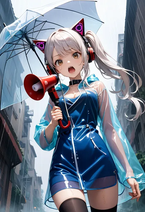 (best quality, masterpiece:1.2), 8k, very aesthetic, absurdres, high resolution, detailed face, official art, super fine illustration, brown eyes, swept bangs, side ponytail, long hair, silver hair, robot cat ears, headphone, food, (open oversized Transpar...