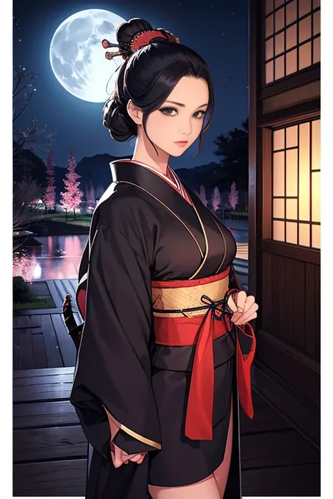 High image quality、High resolution、masterpiece、Wide-angle shot、30th Generation、woman、samurai、Black kimono that emphasizes the bust、Perfect Style、A rural road at night with a single willow tree、Full moon in the sky、Japanese sword、Ninja、Center parted hair、