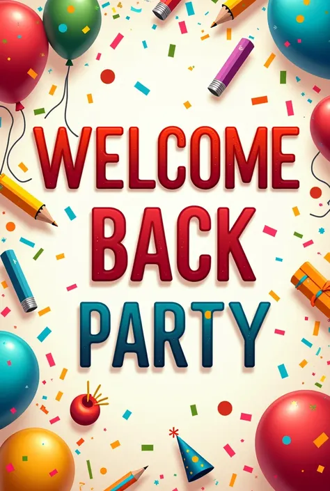 A poster that says welcome back party without any people and school friendly 