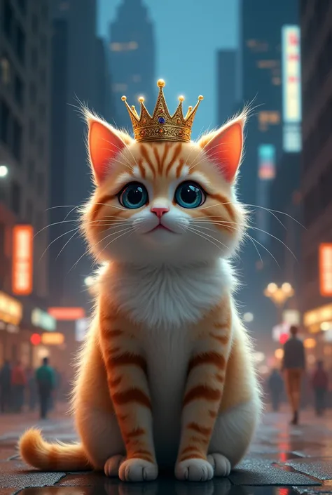 A fluufy cat standing with big cute eyes and with beautiful ears wearing a crown in Newyork at night