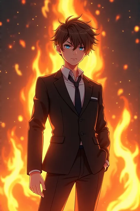 1anime boy brown hair blue eyes black suit black pant fire power