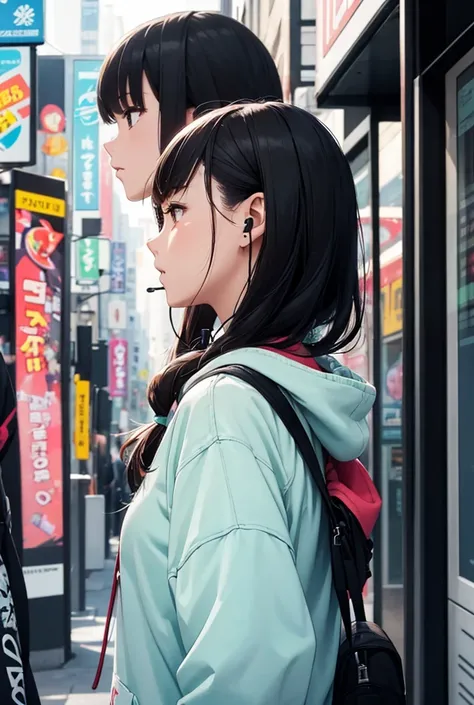 One girl, High resolution, Background blur, Character profile, Anime Style, Earphones, Overlooking, Smartphone shortcuts, trip