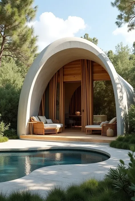 glamping pod made of cement with bamboo and glass accent materials and considered sustainable features.add a small pool area and grilling section
