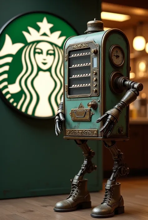 Antique vending machine has long arms and legs,A vending machine with the Starbucks logo,cute,Best Quality,movie, 