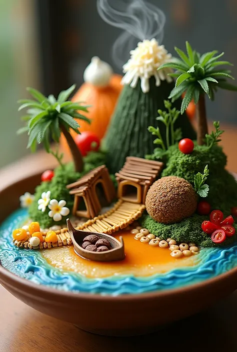 A whimsically detailed diorama situated within the confines of a ceramic ramen bowl, transforming the culinary vessel into a miniature island paradise. At the center, a tiny village bustles with activity, its buildings crafted from meticulously sliced vege...